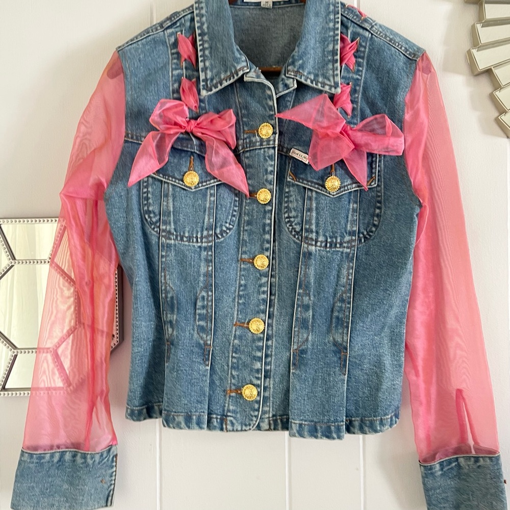 Y2K Guess Jean Jacket Pink Bow Ornate Barbiecore